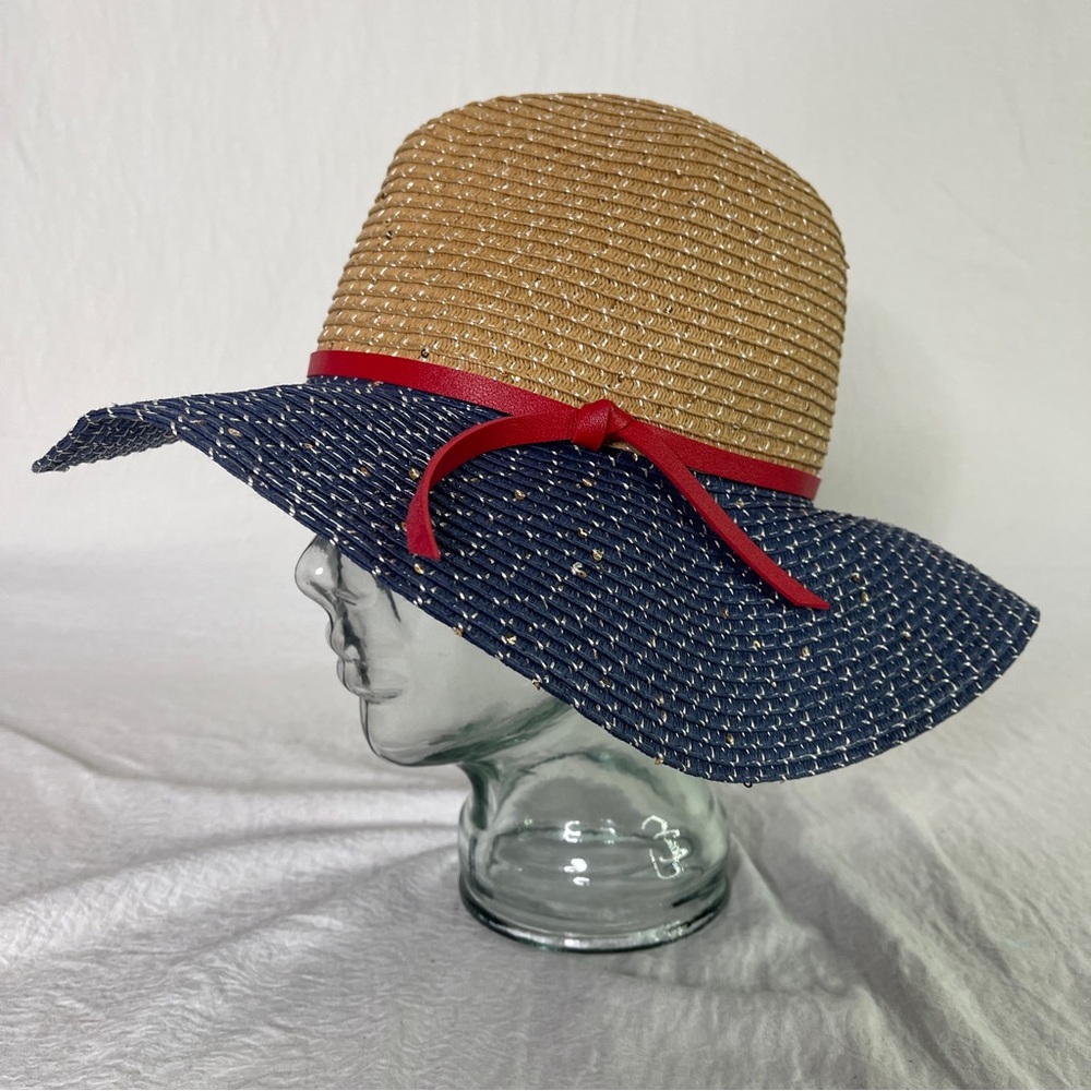 Blue and tan women’s sun hat with red ribbon band.